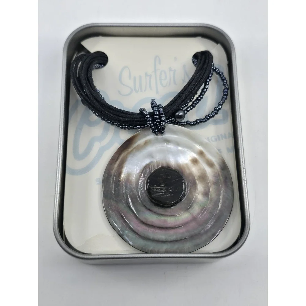 Surfer's Creed Abalone Mother of Pearl‎ Pendant Necklace Black Cord Tin Box